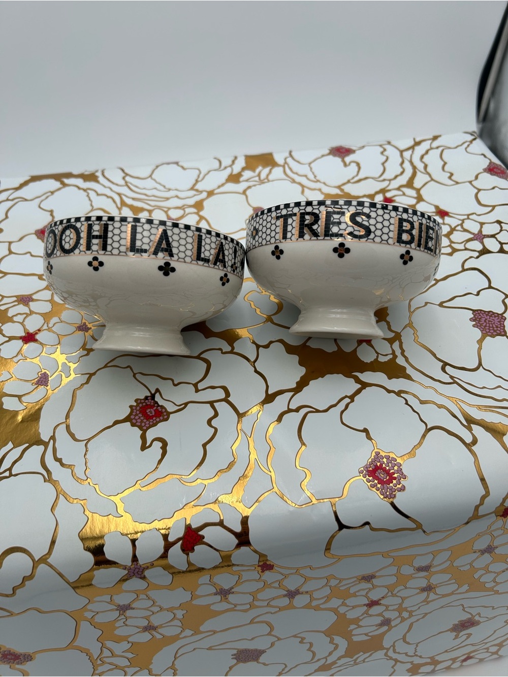 Anthropologie White Ceramic 'Ooh La La' & 'Très Bien' Bowls with Gold Trim